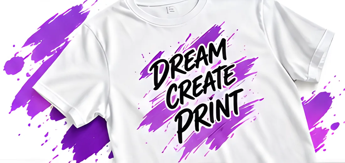 Camiseta blanca estampada en DTF con el texto Dream Create Print