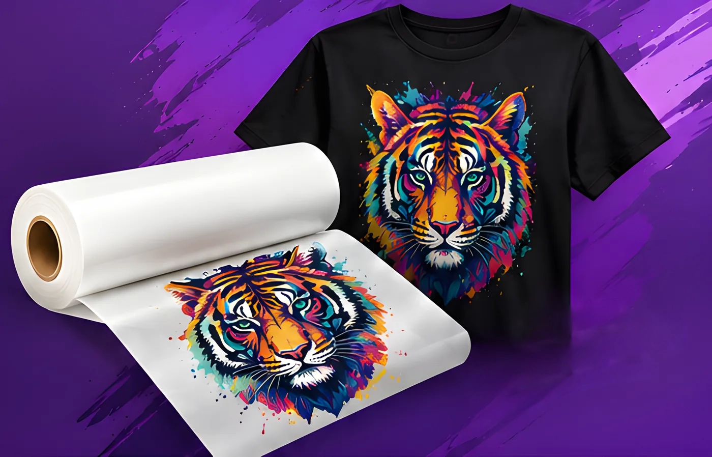 Rollo de film DTF impreso con un tigre de colores junto a una camiseta negra estampada con el mismo diseño